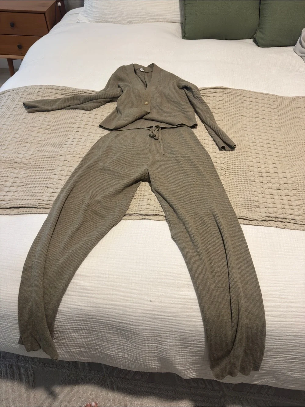 Uniqlo Olive Knit Wide Leg Lounge Pants with Matching Cardigan